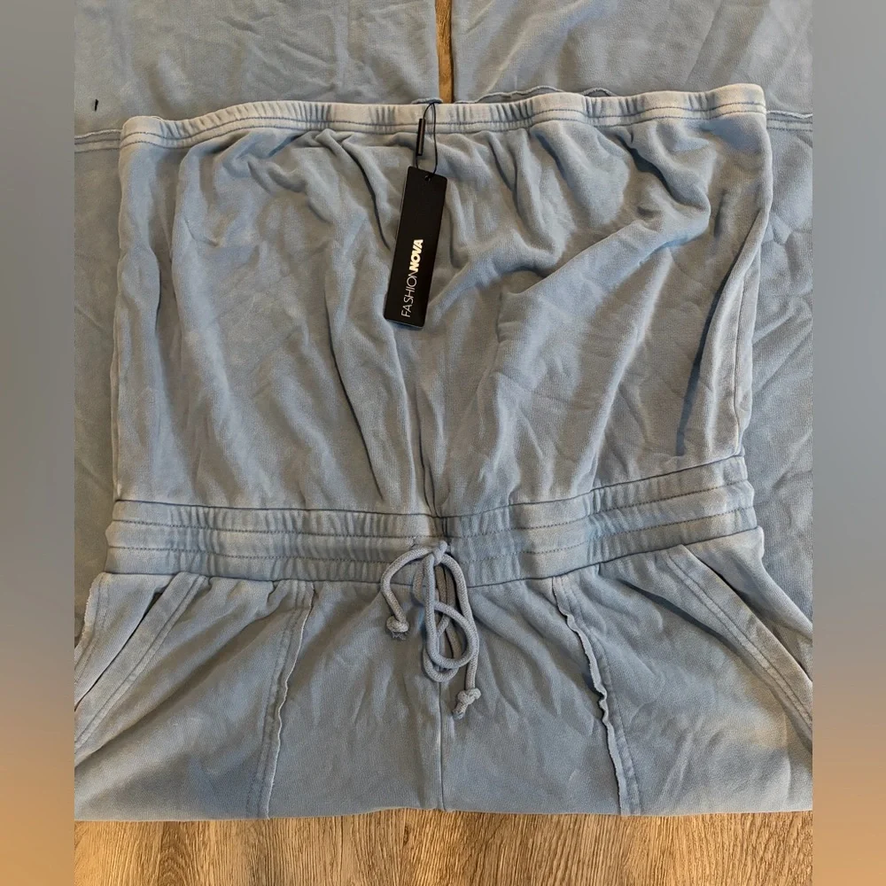 Fashion Nova Strapless Blue Drawstring Jumpsuit - Picture 2 of 5
